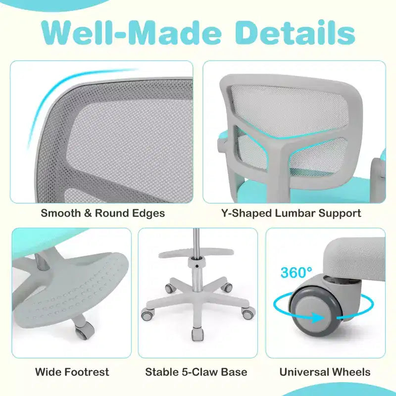Kids Desk Chair Children Study Chair with Adjustable Height, Armrest & Footrest Purple/Pink/Green/Gray/Blue
