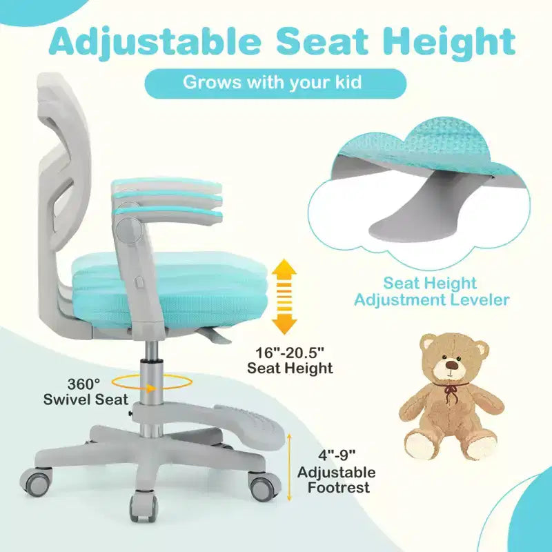 Kids Desk Chair Children Study Chair with Adjustable Height, Armrest & Footrest Purple/Pink/Green/Gray/Blue