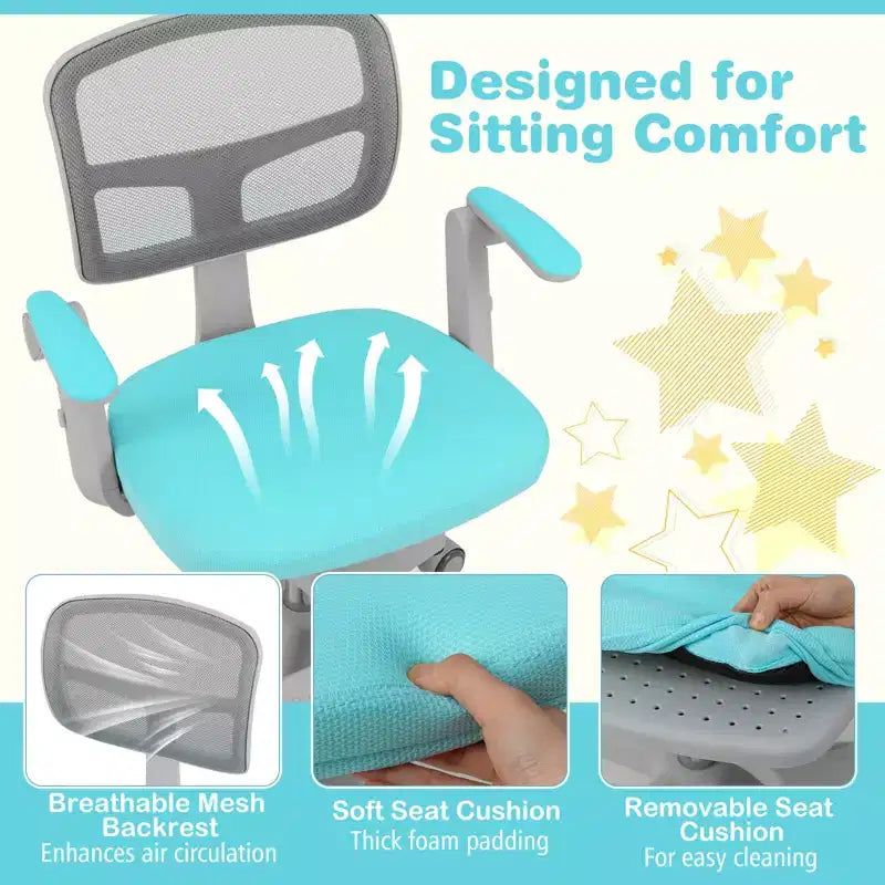 Kids Desk Chair Children Study Chair with Adjustable Height, Armrest & Footrest Purple/Pink/Green/Gray/Blue