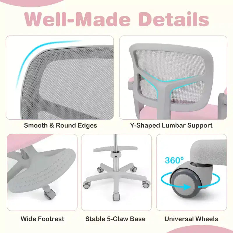 Kids Desk Chair Children Study Chair with Adjustable Height, Armrest & Footrest Purple/Pink/Green/Gray/Blue