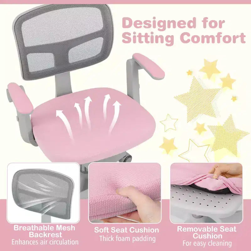 Kids Desk Chair Children Study Chair with Adjustable Height, Armrest & Footrest Purple/Pink/Green/Gray/Blue
