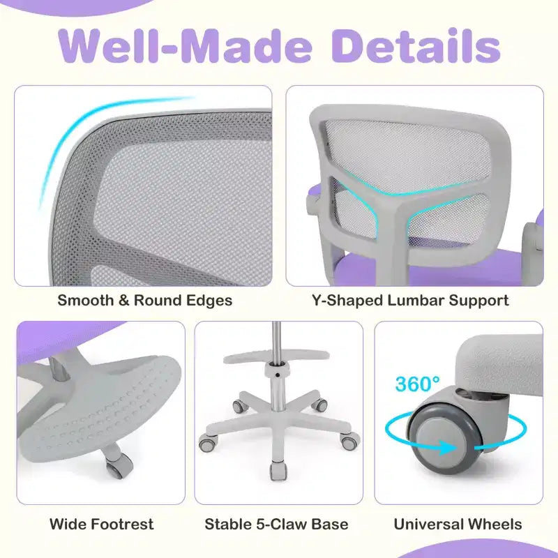 Kids Desk Chair Children Study Chair with Adjustable Height, Armrest & Footrest Purple/Pink/Green/Gray/Blue