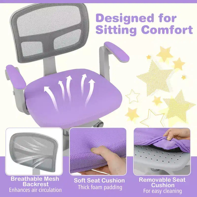 Kids Desk Chair Children Study Chair with Adjustable Height, Armrest & Footrest Purple/Pink/Green/Gray/Blue