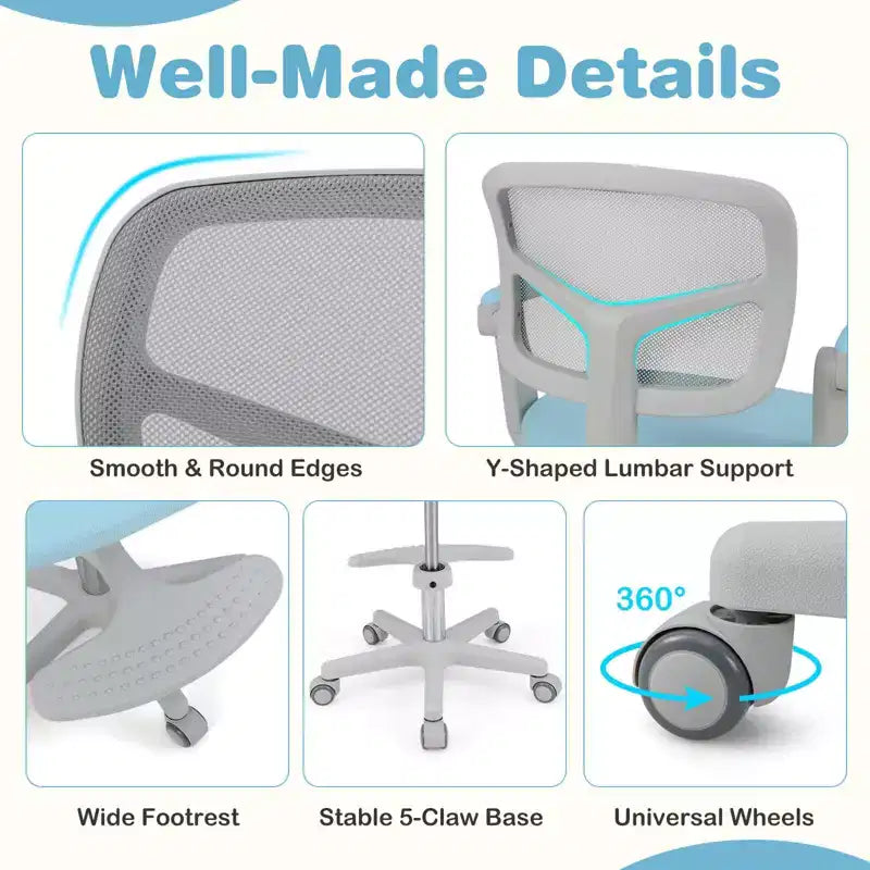 Kids Desk Chair Children Study Chair with Adjustable Height, Armrest & Footrest Purple/Pink/Green/Gray/Blue