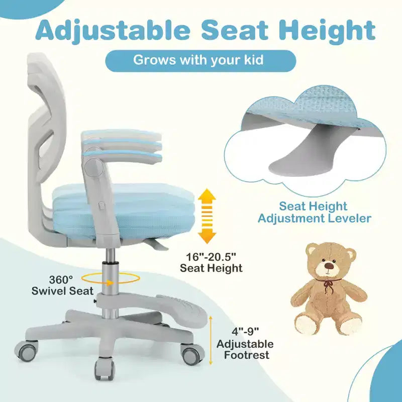 Kids Desk Chair Children Study Chair with Adjustable Height, Armrest & Footrest Purple/Pink/Green/Gray/Blue