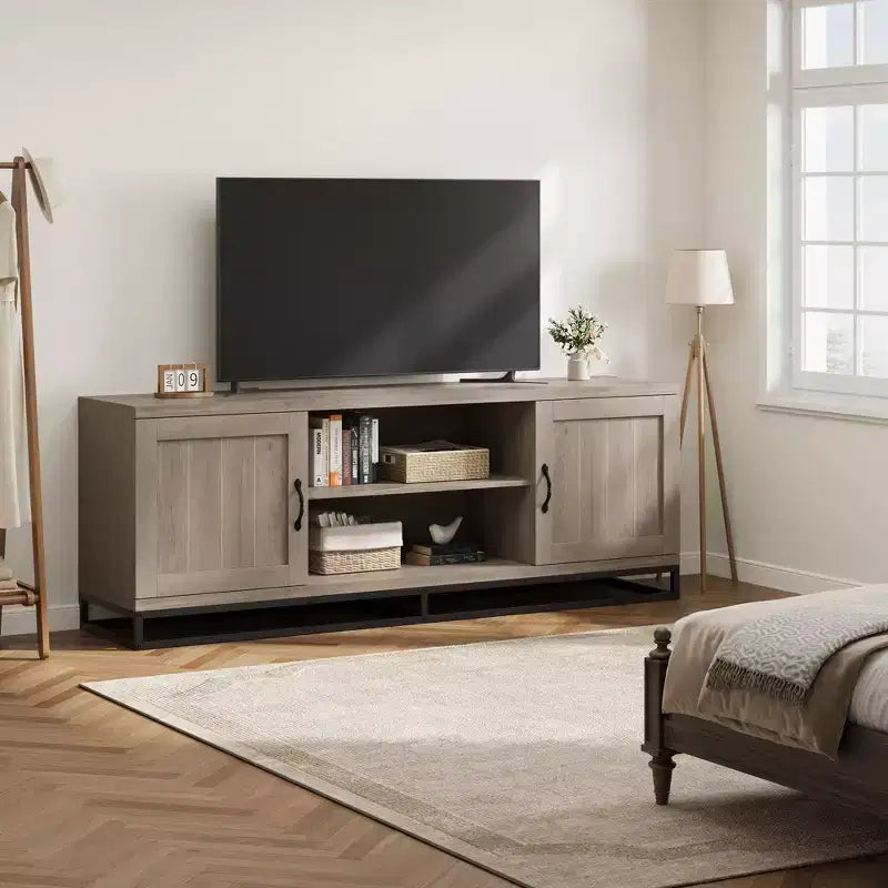 Farmhouse TV Stand for 75inch, Entertainment Center with Sturdy Metal Leg & Adjustable Shelves, Wooden Media Console for Living Room Bedroom