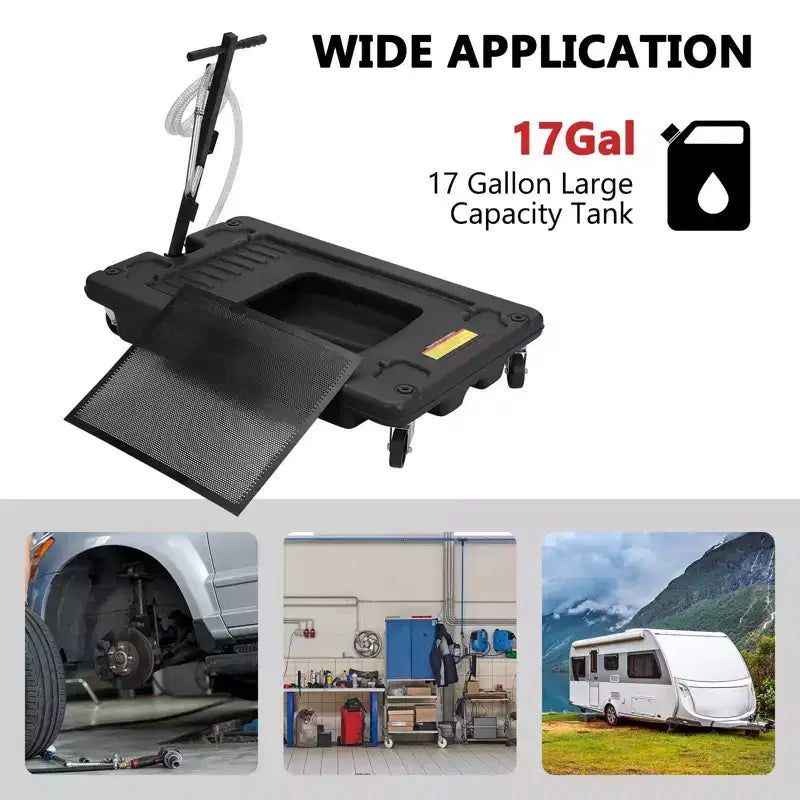 Oil Drain Pan 18 Gallon Tank, Low Profile Large Capacity Oil Change Pan, Foldable Hand, with Pump
