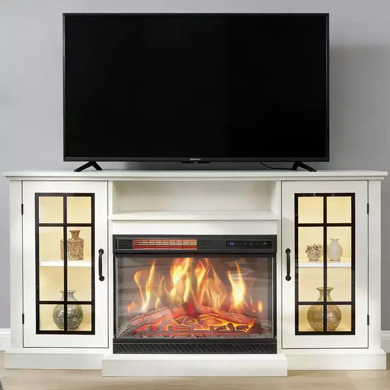 White 59 Fireplace TV Stand Cabinet with 3 Sided Glass, Rustic Glass Door Storage Distressed with Electric heater & LED Lights for Living Room