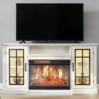 White 59 Fireplace TV Stand Cabinet with 3 Sided Glass, Rustic Glass Door Storage Distressed with Electric heater & LED Lights for Living Room