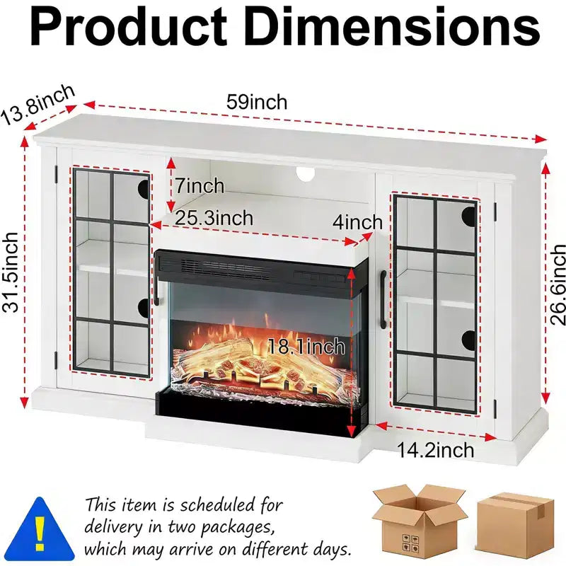 White 59 Fireplace TV Stand Cabinet with 3 Sided Glass, Rustic Glass Door Storage Distressed with Electric heater & LED Lights for Living Room