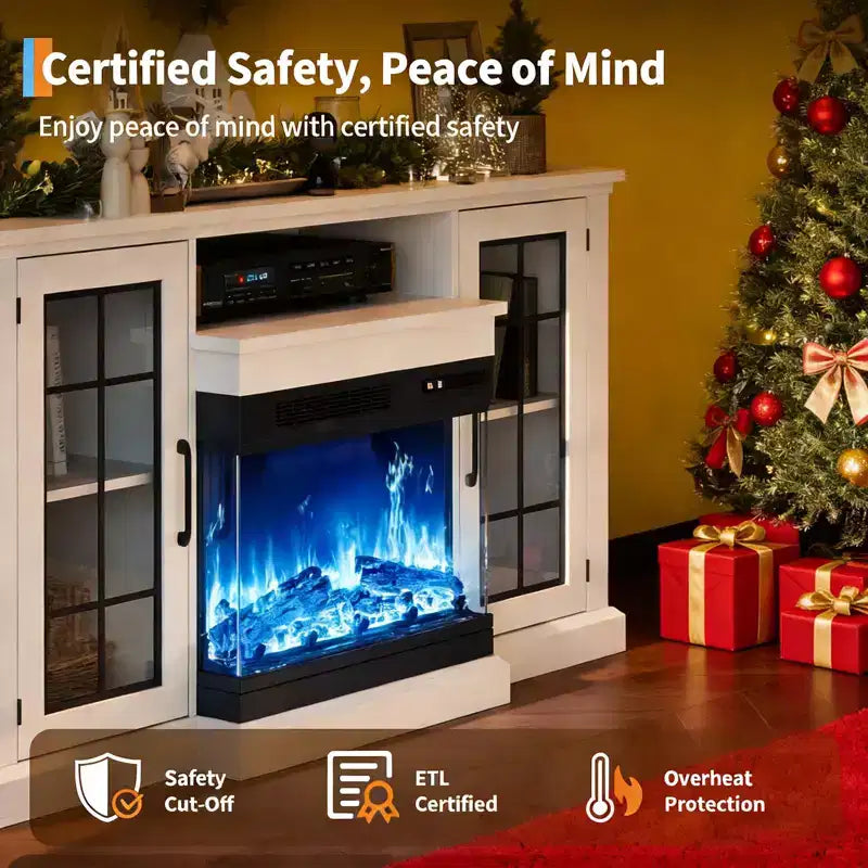 White 59 Fireplace TV Stand Cabinet with 3 Sided Glass, Rustic Glass Door Storage Distressed with Electric heater & LED Lights for Living Room
