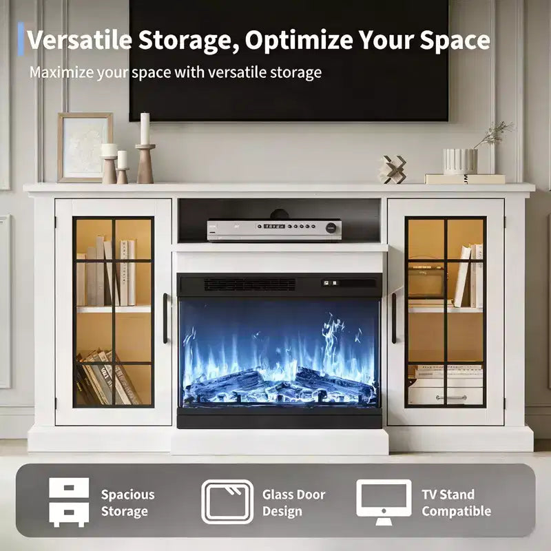 White 59 Fireplace TV Stand Cabinet with 3 Sided Glass, Rustic Glass Door Storage Distressed with Electric heater & LED Lights for Living Room