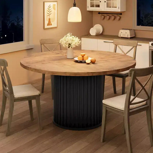 Table de salle à manger ronde de 47 pouces, 4 à 6 places, style ferme avec base piédestal en métal ondulé robuste pour la cuisine ou la salle à manger