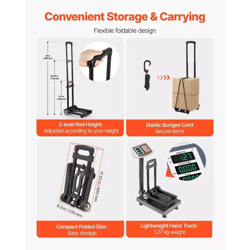 VEVOR Folding Hand Truck, 110 lbs Load Capacity, Collapsible Luggage Cart with 2 Wheels & 1 Elastic Rope, Utility Dolly Platform Cart, Black