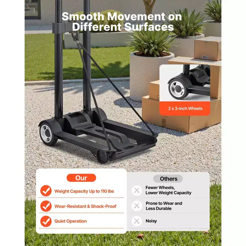 VEVOR Folding Hand Truck, 110 lbs Load Capacity, Collapsible Luggage Cart with 2 Wheels & 1 Elastic Rope, Utility Dolly Platform Cart, Black