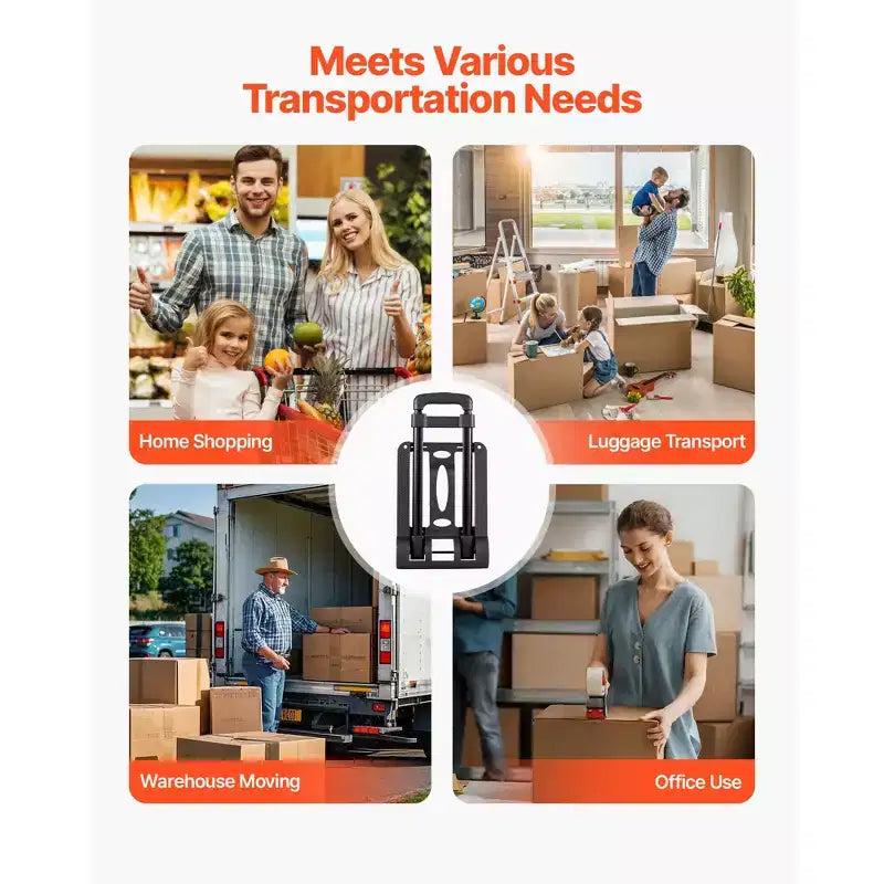 VEVOR Folding Hand Truck, 110 lbs Load Capacity, Collapsible Luggage Cart with 2 Wheels & 1 Elastic Rope, Utility Dolly Platform Cart, Black