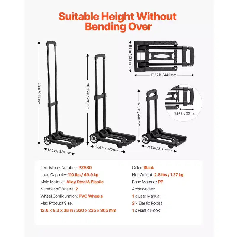 VEVOR Folding Hand Truck, 110 lbs Load Capacity, Collapsible Luggage Cart with 2 Wheels & 1 Elastic Rope, Utility Dolly Platform Cart, Black