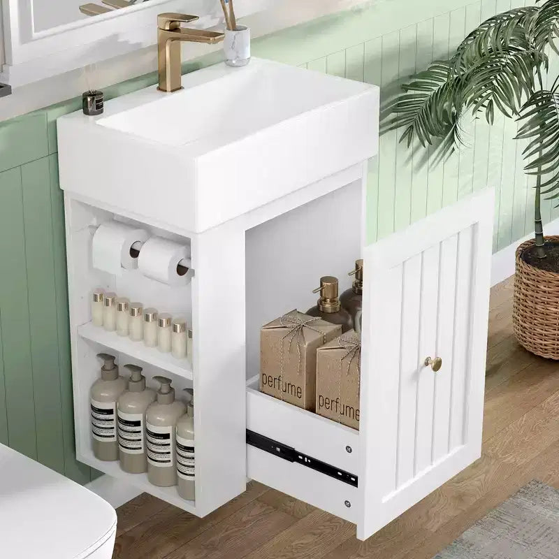 MAYEERTY 20 Bathroom Vanity Ceramic Sink MDF Storage Drawer Side Shelf Golden Handle Small Bathroom