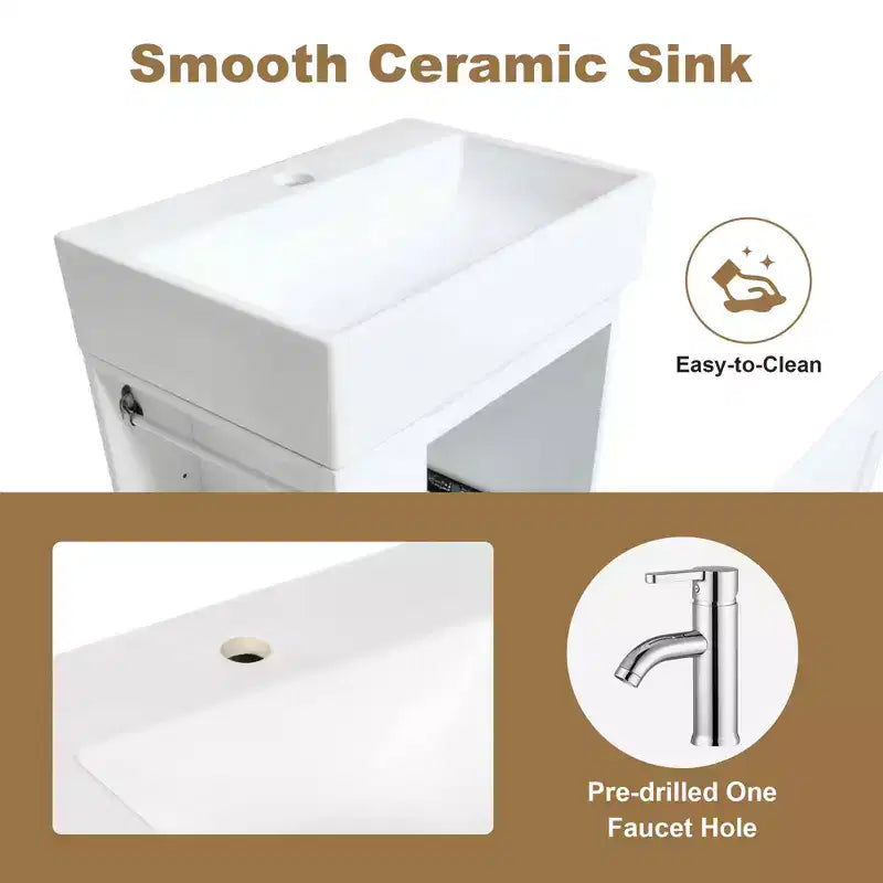 MAYEERTY 20 Bathroom Vanity Ceramic Sink MDF Storage Drawer Side Shelf Golden Handle Small Bathroom