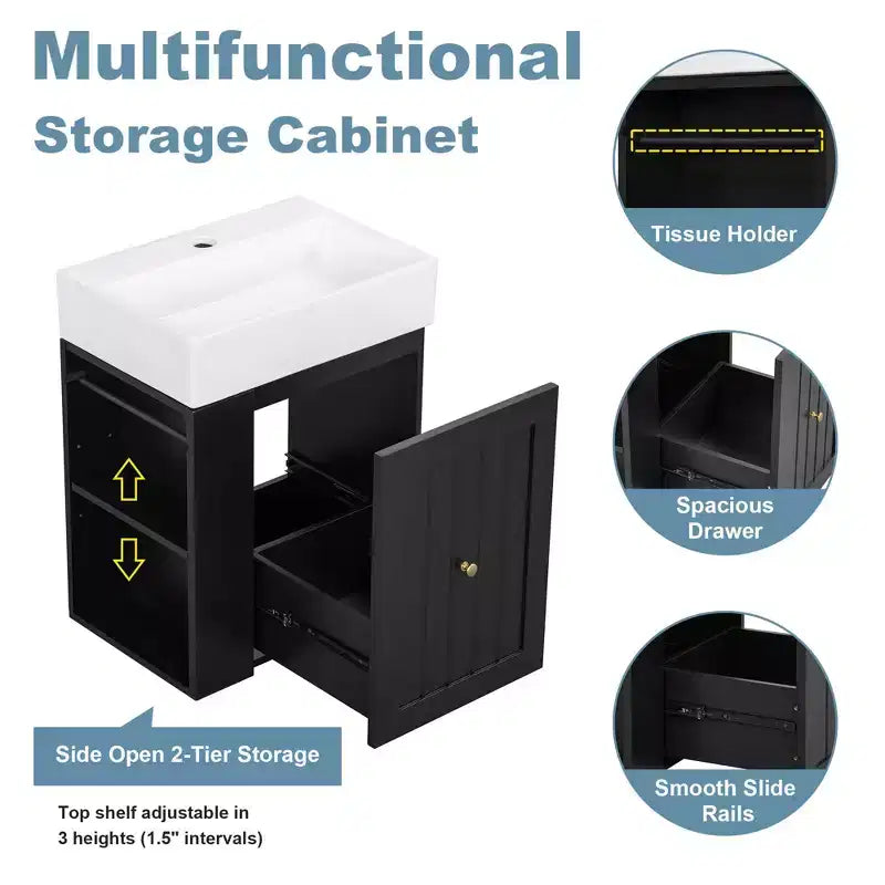 MAYEERTY 20 Bathroom Vanity Ceramic Sink MDF Storage Drawer Side Shelf Golden Handle Small Bathroom