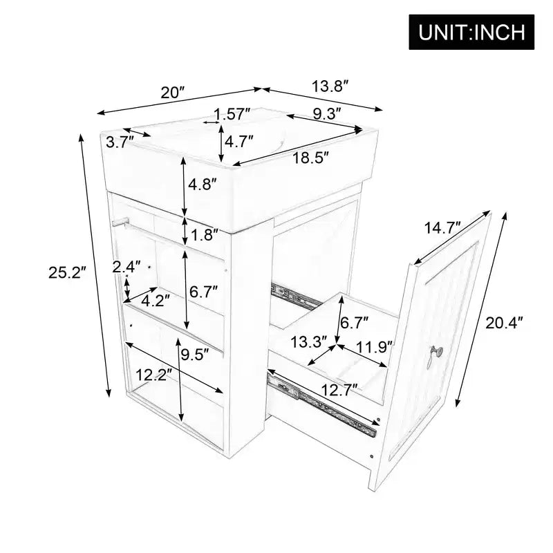 MAYEERTY 20 Bathroom Vanity Ceramic Sink MDF Storage Drawer Side Shelf Golden Handle Small Bathroom