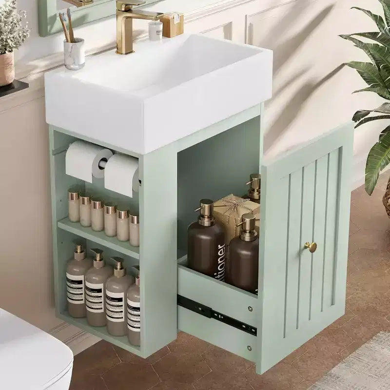 MAYEERTY 20 Bathroom Vanity Ceramic Sink MDF Storage Drawer Side Shelf Golden Handle Small Bathroom