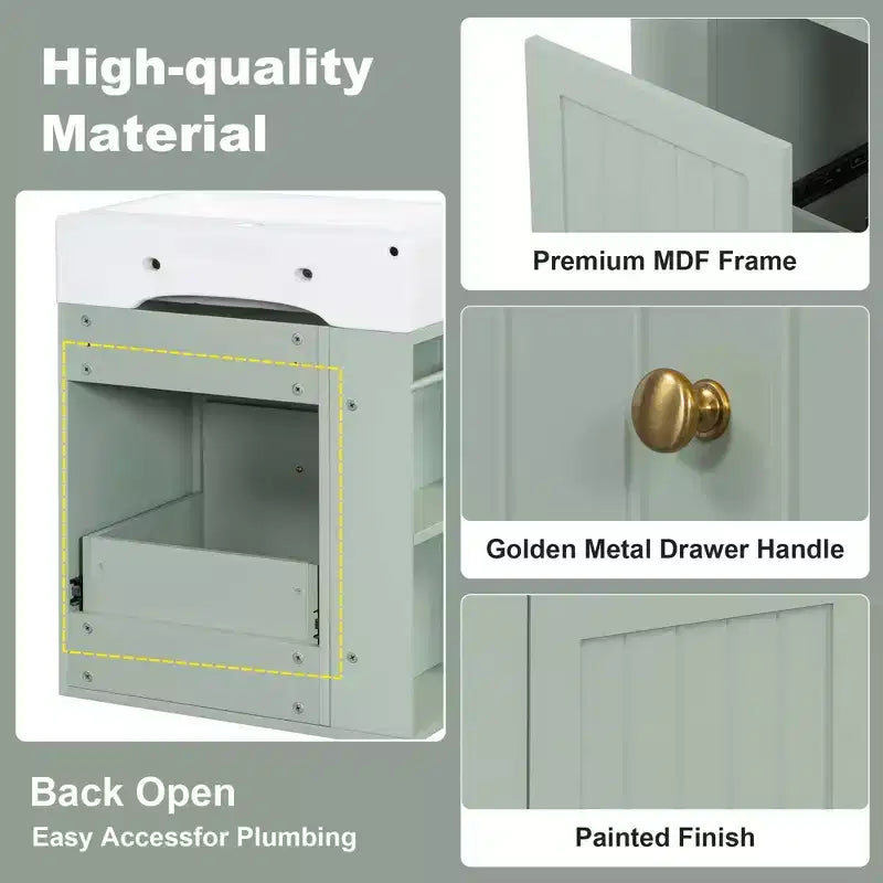 MAYEERTY 20 Bathroom Vanity Ceramic Sink MDF Storage Drawer Side Shelf Golden Handle Small Bathroom