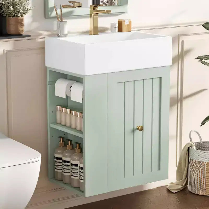 Bathroom Vanity with Ceramic Sink, MDF Storage Drawer, Side Shelf & Golden Handle