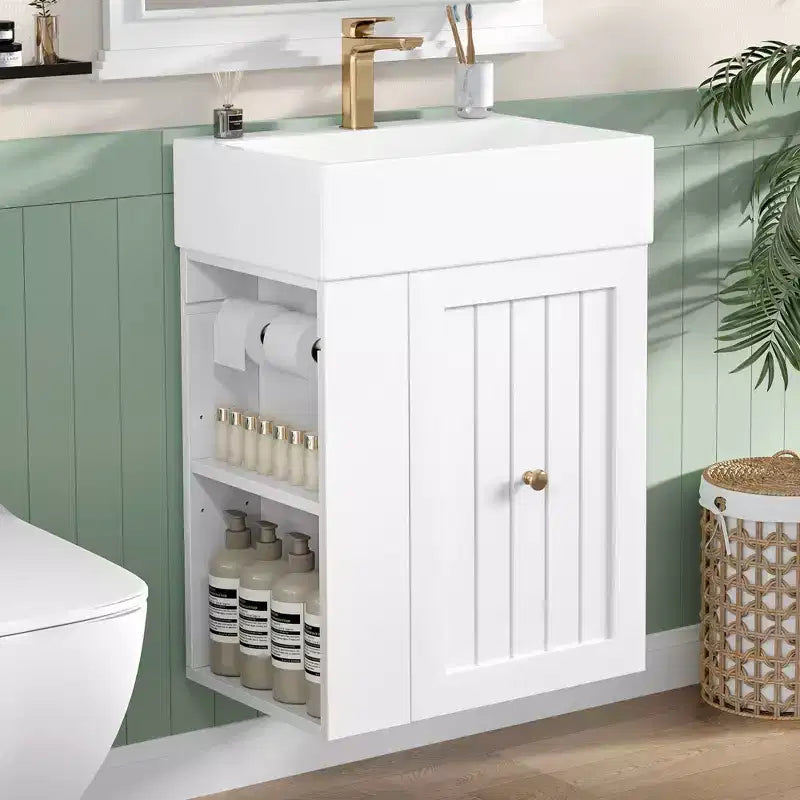 Bathroom Vanity with Ceramic Sink, MDF Storage Drawer, Side Shelf & Golden Handle