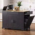 48.5 inch Black Fluted Kitchen Island with Trash Can Storage Cabinet Rolling Kitchen Islands on 5 Wheels for 10 Gallon Garbage Bin