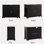 48.5 inch Black Fluted Kitchen Island with Trash Can Storage Cabinet Rolling Kitchen Islands on 5 Wheels for 10 Gallon Garbage Bin