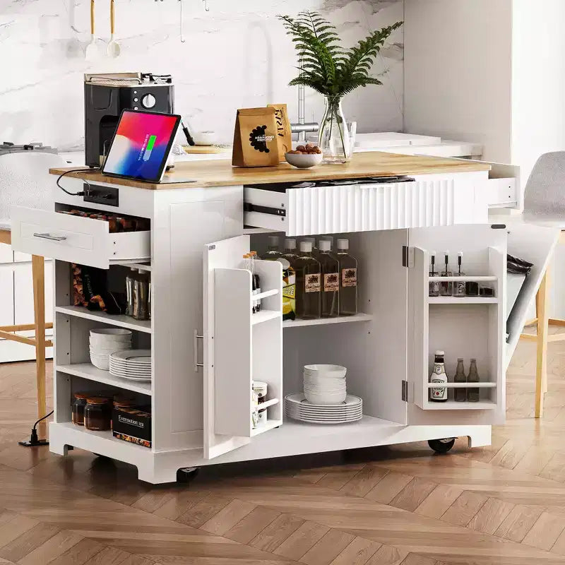 Black Fluted Kitchen Island with Trash Can Storage Cabinet, Rolling on 5 Wheels for 10-Gallon Bin