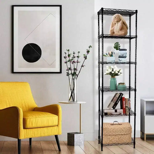 Étagère de rangement métallique réglable à 6 niveaux en fil métallique pour buanderie, salle de bain, cuisine, garde-manger, placard, noir 16,6L x 11,4W x 64,6H