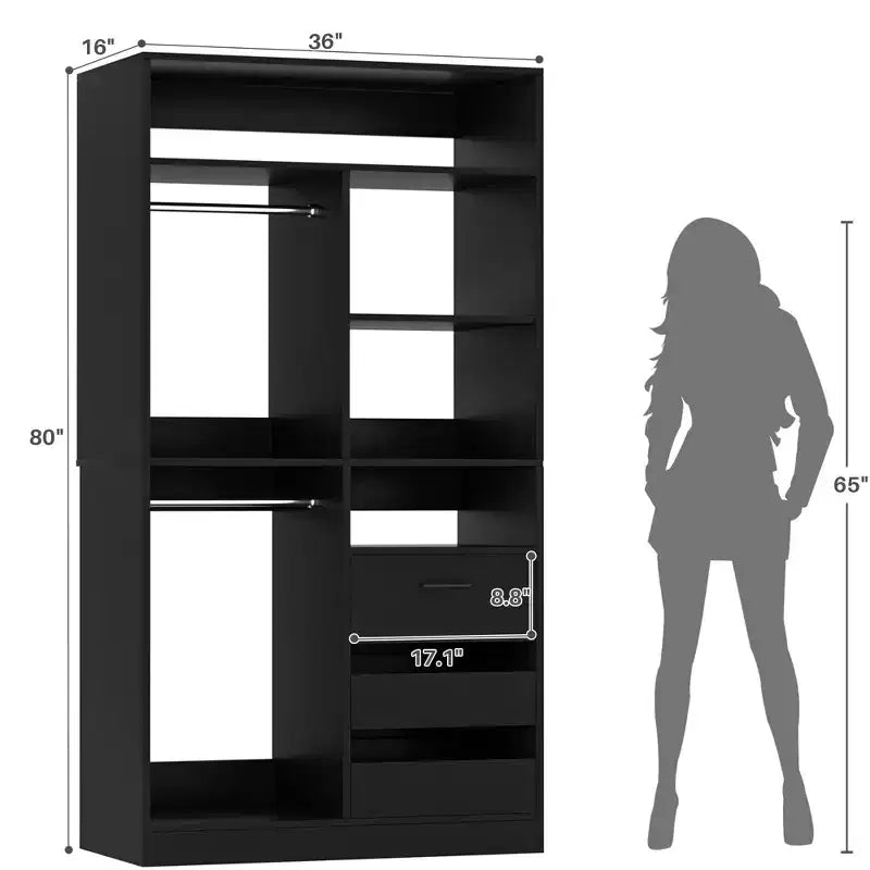 Besiost 36-In Closet Organizer with Wood Drawers, Freestanding Closet System with Hanging Rods