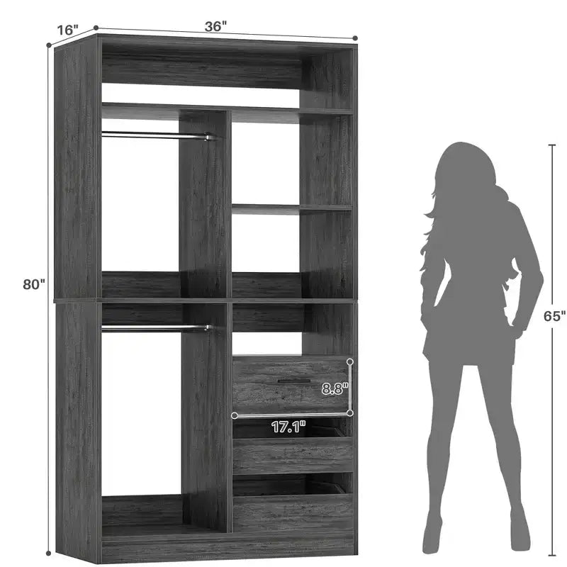 Besiost 36-In Closet Organizer with Wood Drawers, Freestanding Closet System with Hanging Rods