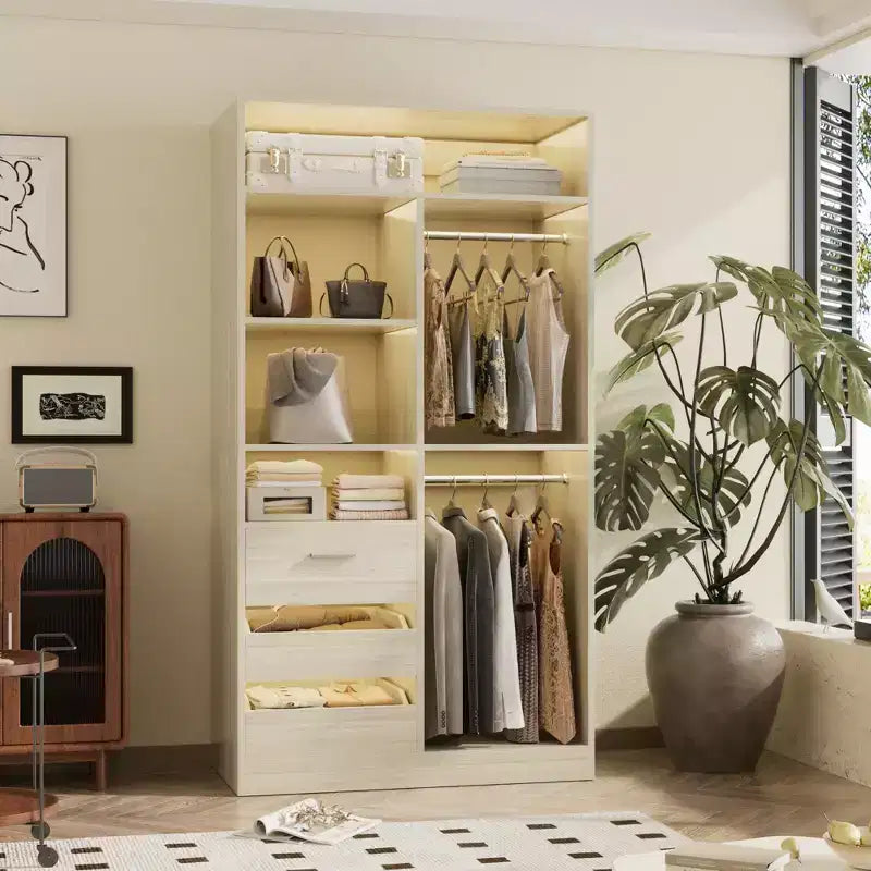 Besiost 36-In Closet Organizer with Wood Drawers, Freestanding Closet System with Hanging Rods