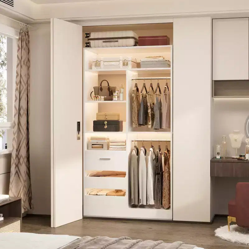 Besiost 36-In Closet Organizer with Wood Drawers, Freestanding Closet System with Hanging Rods
