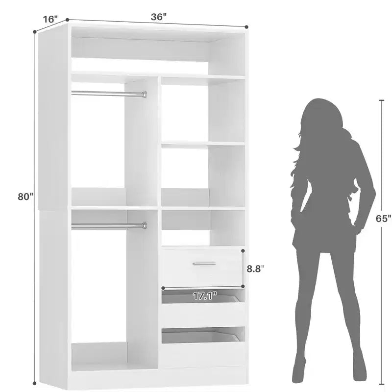 Besiost 36-In Closet Organizer with Wood Drawers, Freestanding Closet System with Hanging Rods
