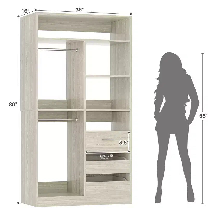 Besiost 36-In Closet Organizer with Wood Drawers, Freestanding Closet System with Hanging Rods
