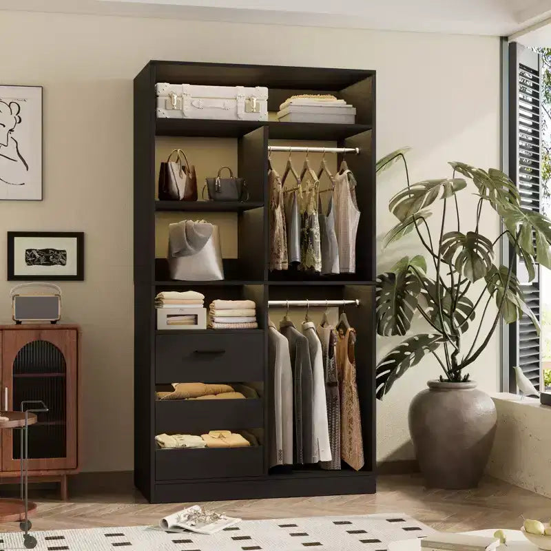 Besiost 36-In Closet Organizer with Wood Drawers, Freestanding Closet System with Hanging Rods