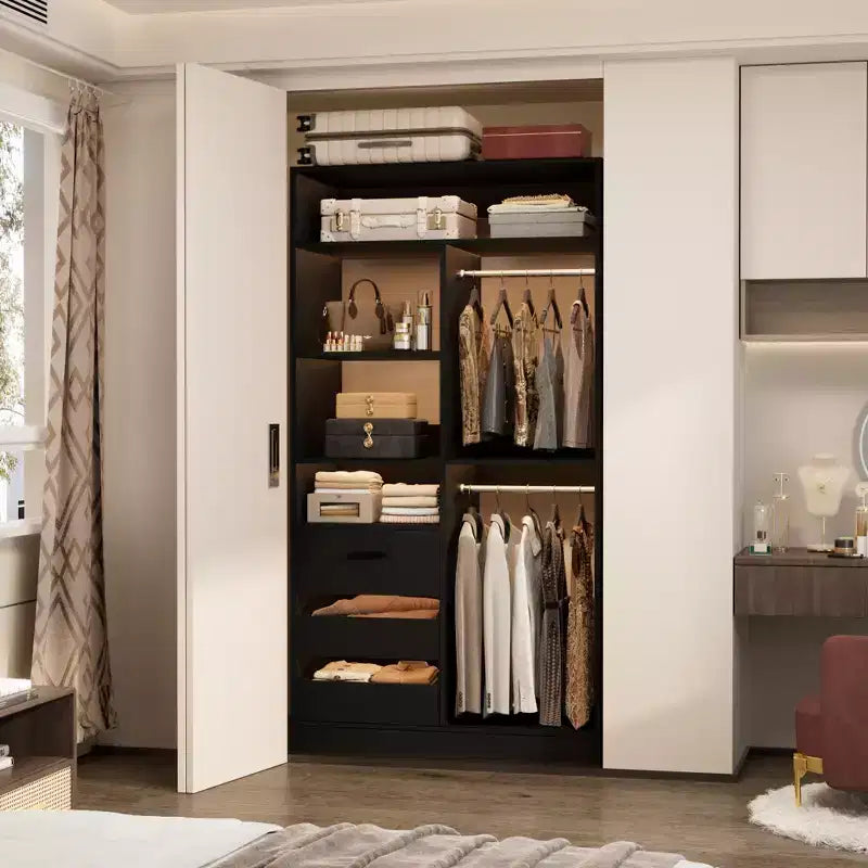 Besiost 36-In Closet Organizer with Wood Drawers, Freestanding Closet System with Hanging Rods