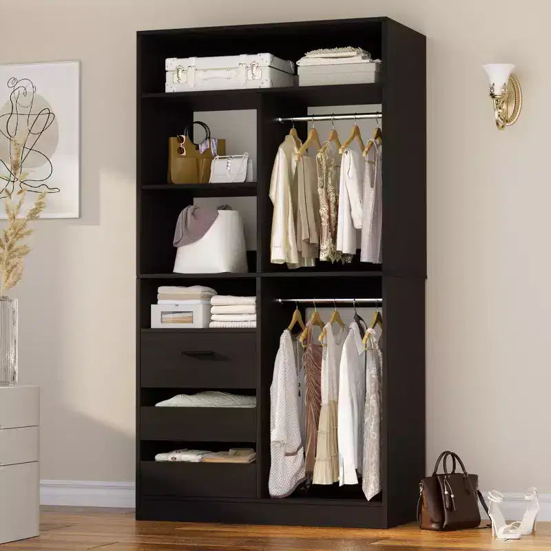 Closet Organizer with Wood Drawers, Freestanding Closet System with Hanging Rods