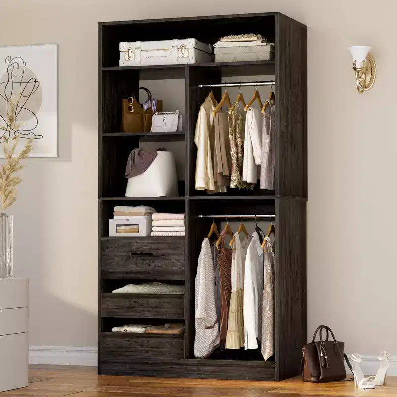 Closet Organizer with Wood Drawers, Freestanding Closet System with Hanging Rods