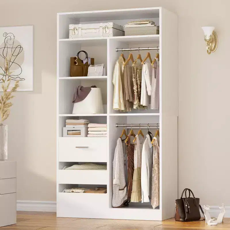 Closet Organizer with Wood Drawers, Freestanding Closet System with Hanging Rods