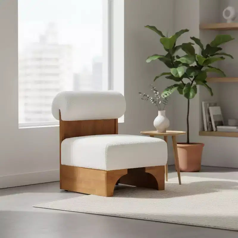 Homy Casa Accent Chair with Rolled Backrest and Solid Wood Base, Boucle Upholstery