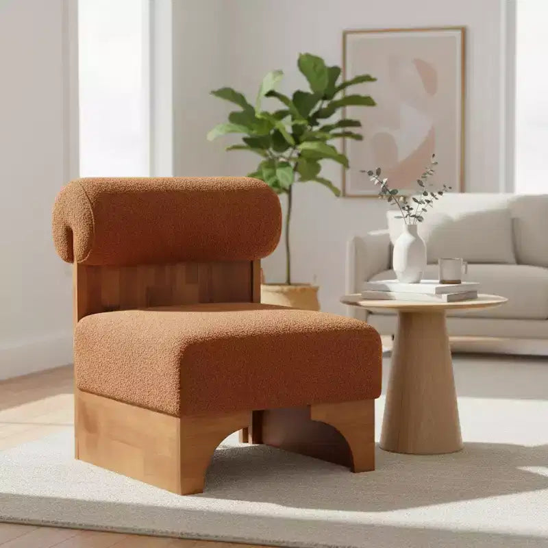 Accent Chair with Rolled Backrest and Solid Wood Base, Boucle Upholstery