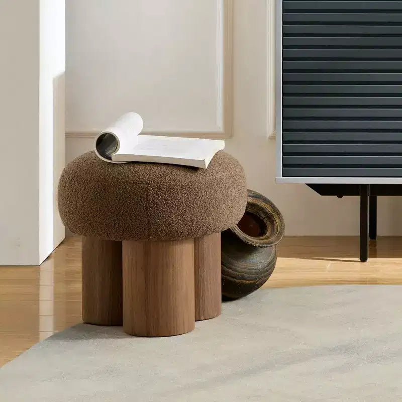 TUYOHW Mushroom Stool,Plush Ottoman with Wooden Look Legs,17 Inch Barrel Shaped Accent Stool for Living Room Entryway
