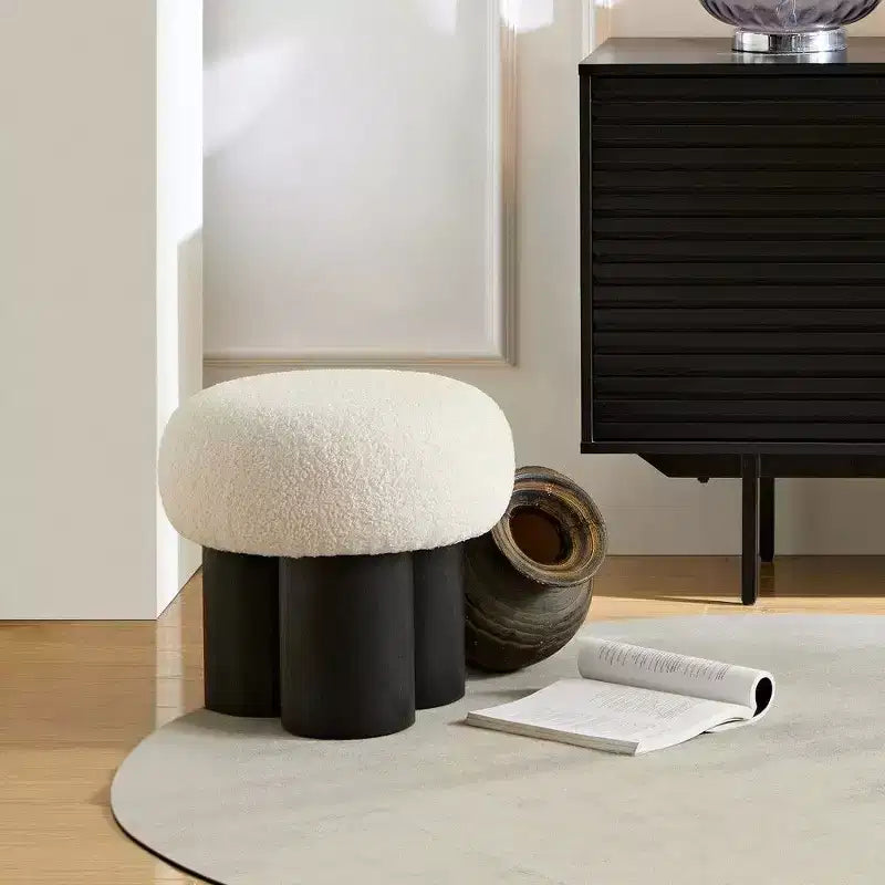 Mushroom Stool, Plush Ottoman with Wooden Look Legs, 17" Barrel Shaped Accent Stool for Living Room & Entryway