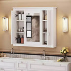 MAYEERTY 35 Bathroom Medicine Cabinet with 5 Closed & Adjustable Shelves Bathroom Wall Mounted Storage Cabinet with Glass Doors White