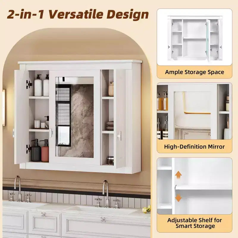 MAYEERTY 35 Bathroom Medicine Cabinet with 5 Closed & Adjustable Shelves Bathroom Wall Mounted Storage Cabinet with Glass Doors White